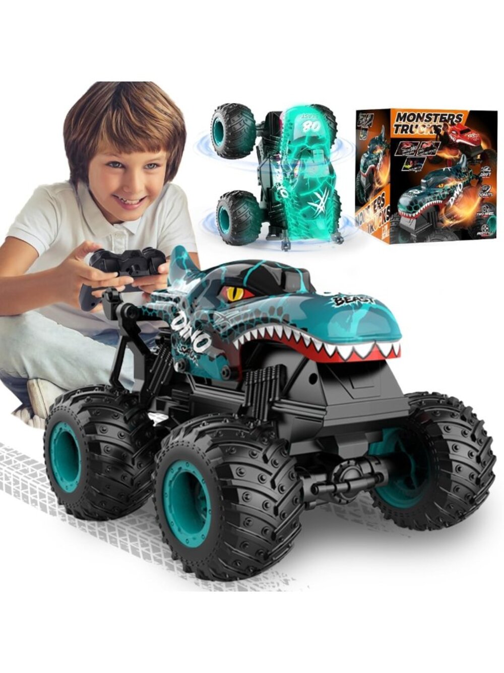 Remote Control Monster Truck Toys for Kids, 360° Spin & Stunt, Light & Music